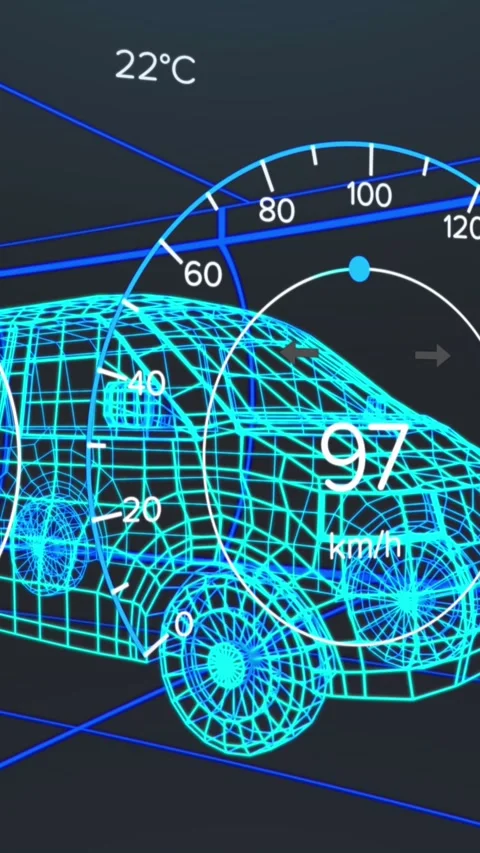 Animation of speedometer and data processing over 3d van model against tunnel in Stock Footage 321852762