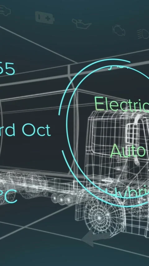 Animation of speedometer and data processing over 3d truck model against tunnel Stock Footage 321852765