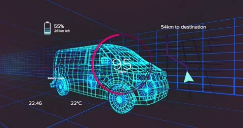 Animation of speedometer and data processing over 3d van model against tunnel in Stock Footage 327644648