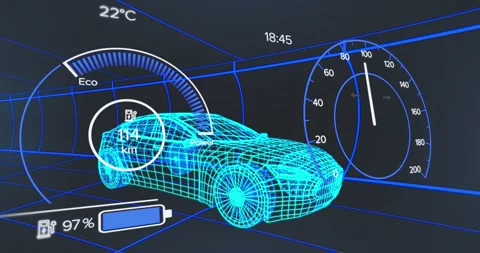 Animation of speedometer and data processing over 3d car model against tunnel in Stock Footage 327785473