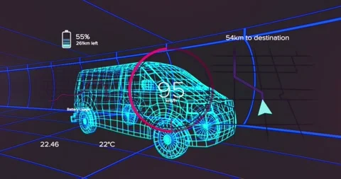 Animation of speedometer and data processing over 3d van model against tunnel in Stock Footage 328711982