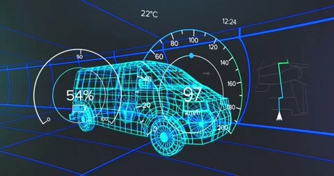 Animation of speedometer and data processing over 3d van model against tunnel in Stock Footage 328823014