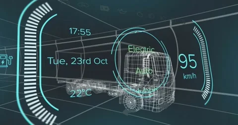 Animation of speedometer and data processing over 3d truck model against tunnel Stock Footage 329709657