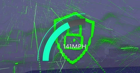 Animation of speedometer and digital padlock over cityscape Stock Footage 330336673