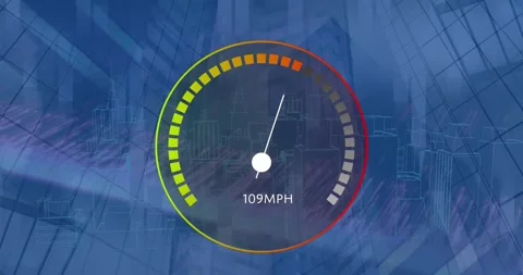 Animation of speedometer and light trails over 3d city model spinning against Stock Footage 329924300
