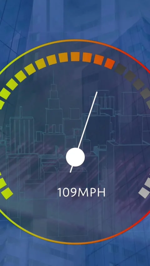 Animation of speedometer and light trails over 3d city model spinning against Stock Footage 341976697