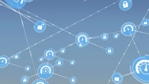 Animation of speedometer and padlock icons connecting with lines over blue Stock Footage 326033767