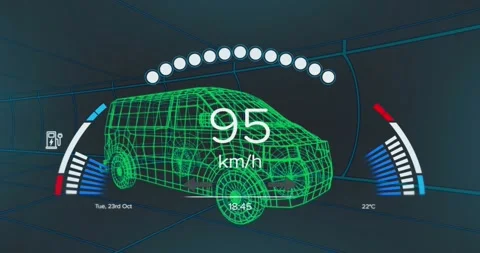 Animation of speedometer and power gauge over 3d van model moving on black Stock Footage 328711275