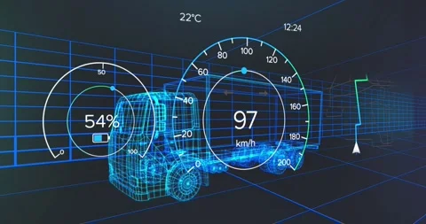 Animation of speedometer and power gauge over 3d lorry model moving on black Stock Footage 329706200