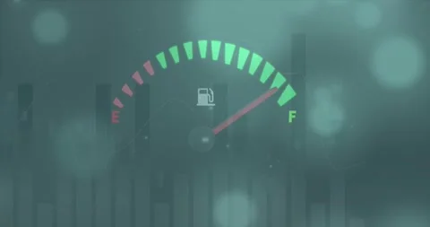 Animation of speedometer and statistical data processing against spots of light Stock Footage 330255902