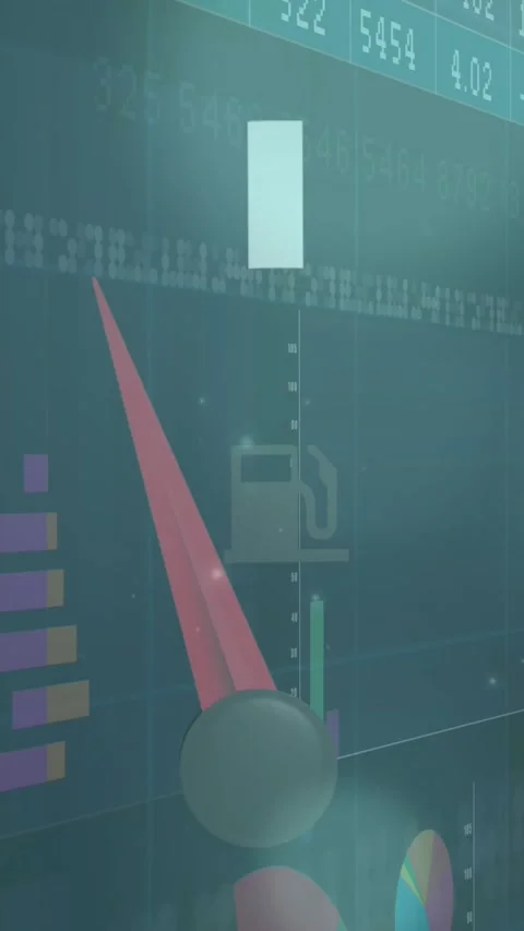 Animation of speedometer and statistical data processing against spots of light Stock Footage 344525375