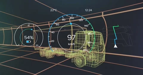 Animation of speedometer, battery icons and numbers over 3d model of truck on Stock Footage 328005463