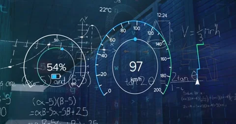 Animation of speedometer, battery indicator, equations, database and falling Stock-Footage 328586344
