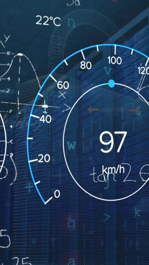 Animation of speedometer, battery indicator, equations, database and falling Stock-Footage 342600551