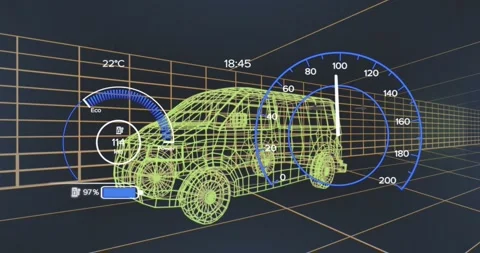 Animation of speedometer data processing over 3d car drawing Stock Footage 327004381