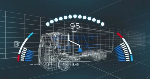 Animation of speedometer data processing over 3d truck drawing Stock Footage 329289396