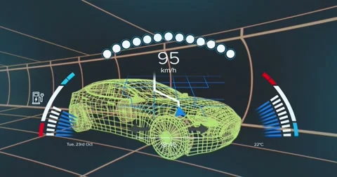 Animation of speedometer data processing over 3d car drawing Stock Footage 329372440