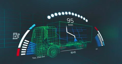 Animation of speedometer data processing over 3d truck drawing Stock Footage 329770713