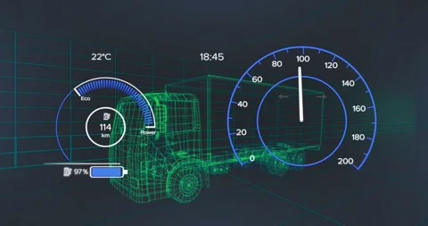 Animation of speedometer data processing over 3d truck drawing Stock Footage 330115935
