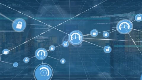 Animation of speedometer icons connecting with lines against hacker, data, 6g Video stock 326625005