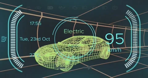 Animation of speedometer with numbers, texts over 3d model of car against black Stock Footage 327782262