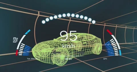 Animation of speedometer over 3d car model moving seamless pattern in a tunnel Stock Footage 329362455