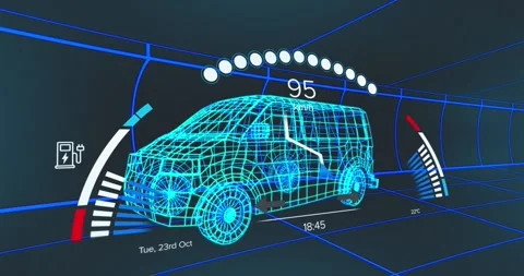 Animation of speedometer over 3d model of a van moving against blue background Stock Footage 328004892