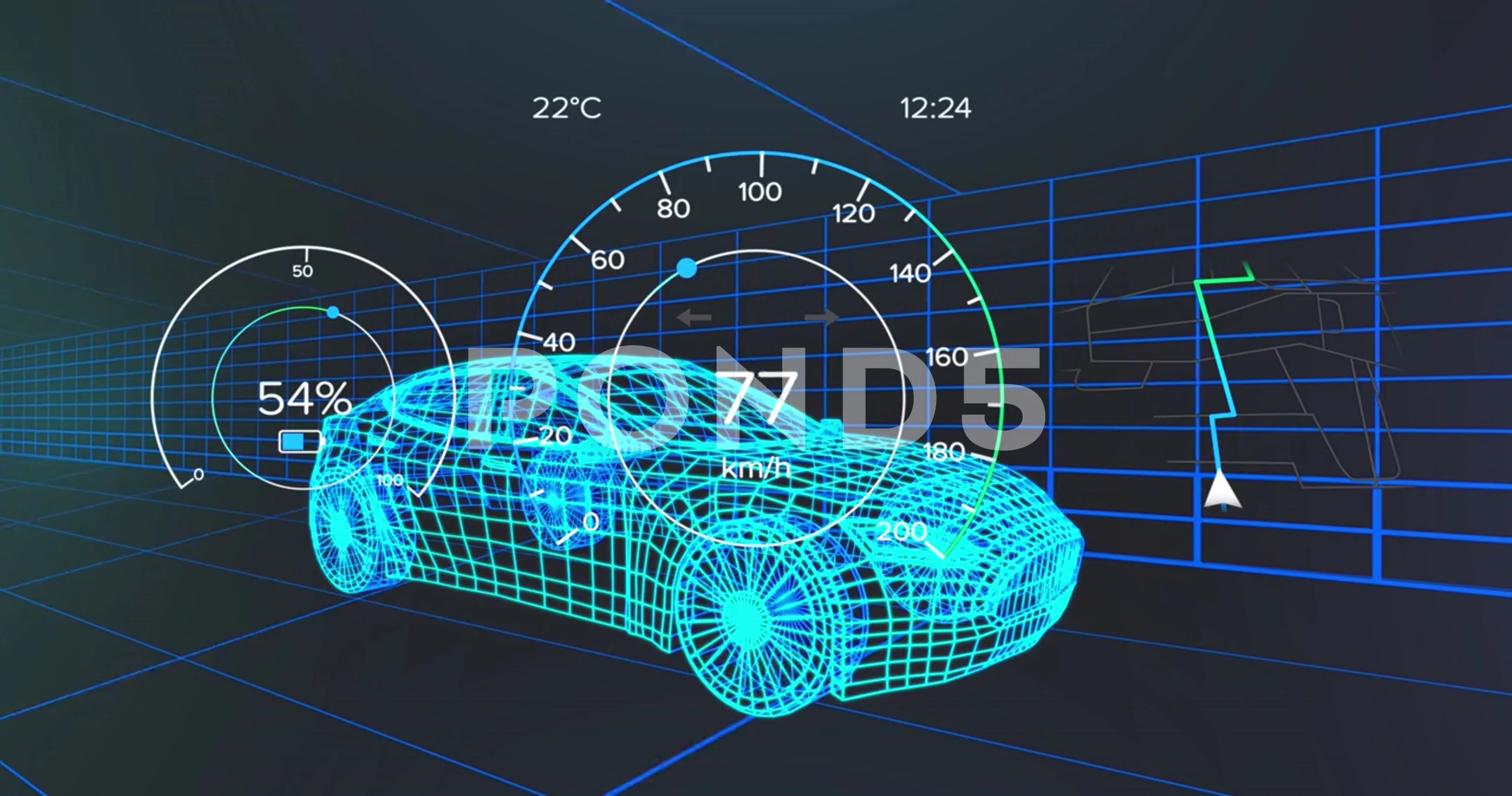 Animation of speedometer over electric c... | Stock Video | Pond5