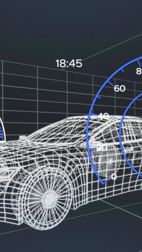 Animation of speedometer over electric car project on navy background Stock Footage 343083041
