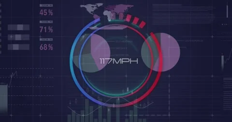Animation of speedometer over statistical data processing against blue Stock Footage 329705954