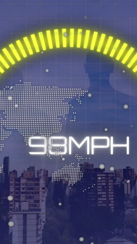 Animation of speedometer over world map, globe, peoples silhouette and cityscape Stock Footage 342600051