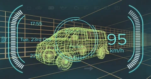 Animation of speedometer with texts, changing numbers over 3d model of van Stock Footage 328354649