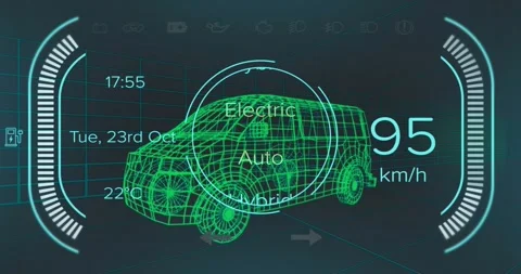 Animation of speedometer with texts, changing numbers over 3d model of van Stock Footage 329705897