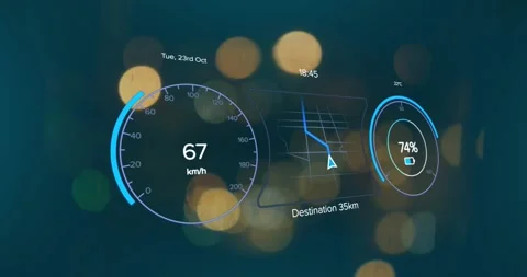 Animation of speedometers and navigation pattern over blurred lights of vehicles Stock Footage 327526011