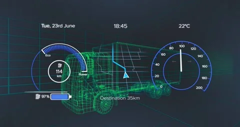 Animation of speedometers, arrow on map pattern over 3d model of truck against Stock Footage 244734999