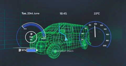 Animation of speedometers, changing numbers, arrow on map pattern over 3d model Stock Footage 244735028