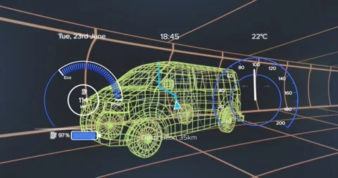 Animation of speedometers, loading battery icon over 3d model of van against Stock Footage 329864319