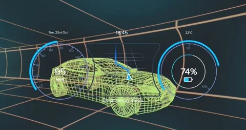 Animation of speedometers, numbers, battery icon over 3d model of car against Stock Footage 329924406