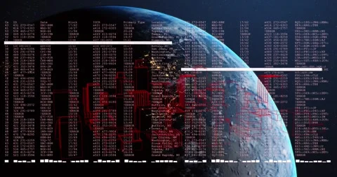 Animation of spinning 3d city model and data processing over a globe against Stock Footage 328507287