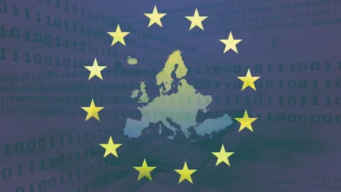 Animation of spinning circles over eu map against binary coding on grey Stock Footage 260974402