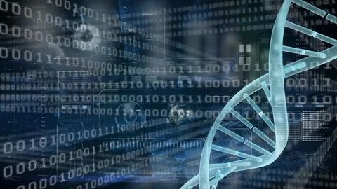 Animation of spinning DNA with binary codes scrolling on the background Stock Footage 104962363