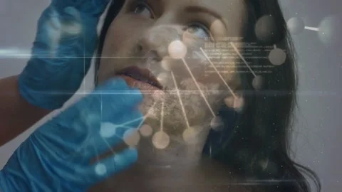 Animation of spinning dna string and data processing over patient Stock Footage 326185028
