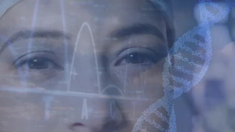 Animation of spinning dna string and data processing over women Stock Footage 327354620