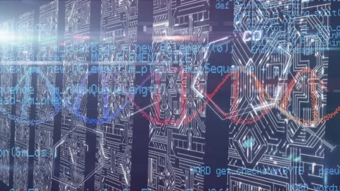 Animation of spinning dna structure and data processing over screens with Stock Footage 326097125