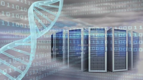 Animation of spinning dna structure and data processing against computer servers Stock Footage 327126277
