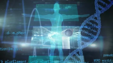 Animation of spinning dna structure and data processing over screens with data Stock Footage 327964776