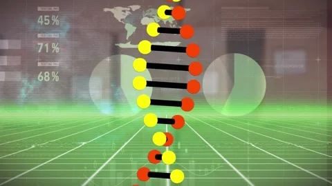 Animation of spinning dna structure and statistical data processing over yellow Stock Footage 328239862