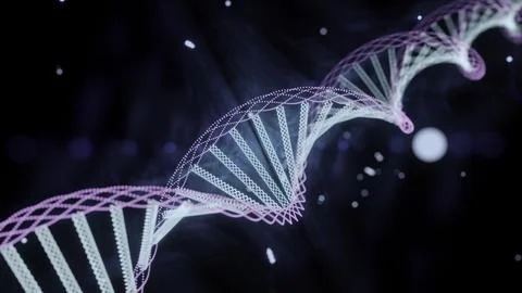 Animation of spinning dna structure, green and purple digital waves against イラスト素材