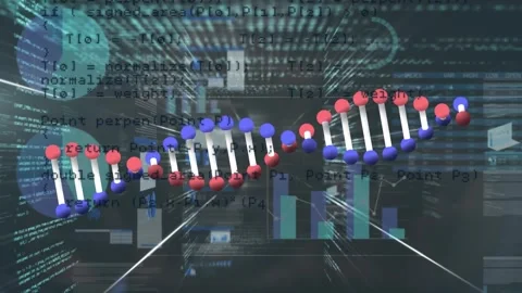 Animation of spinning dna structure over statistical data processing against Stock Footage 328010100