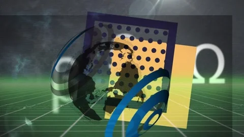 Animation of spinning globe, abstract shapes and mathematical symbols over green Stock Footage 329125137